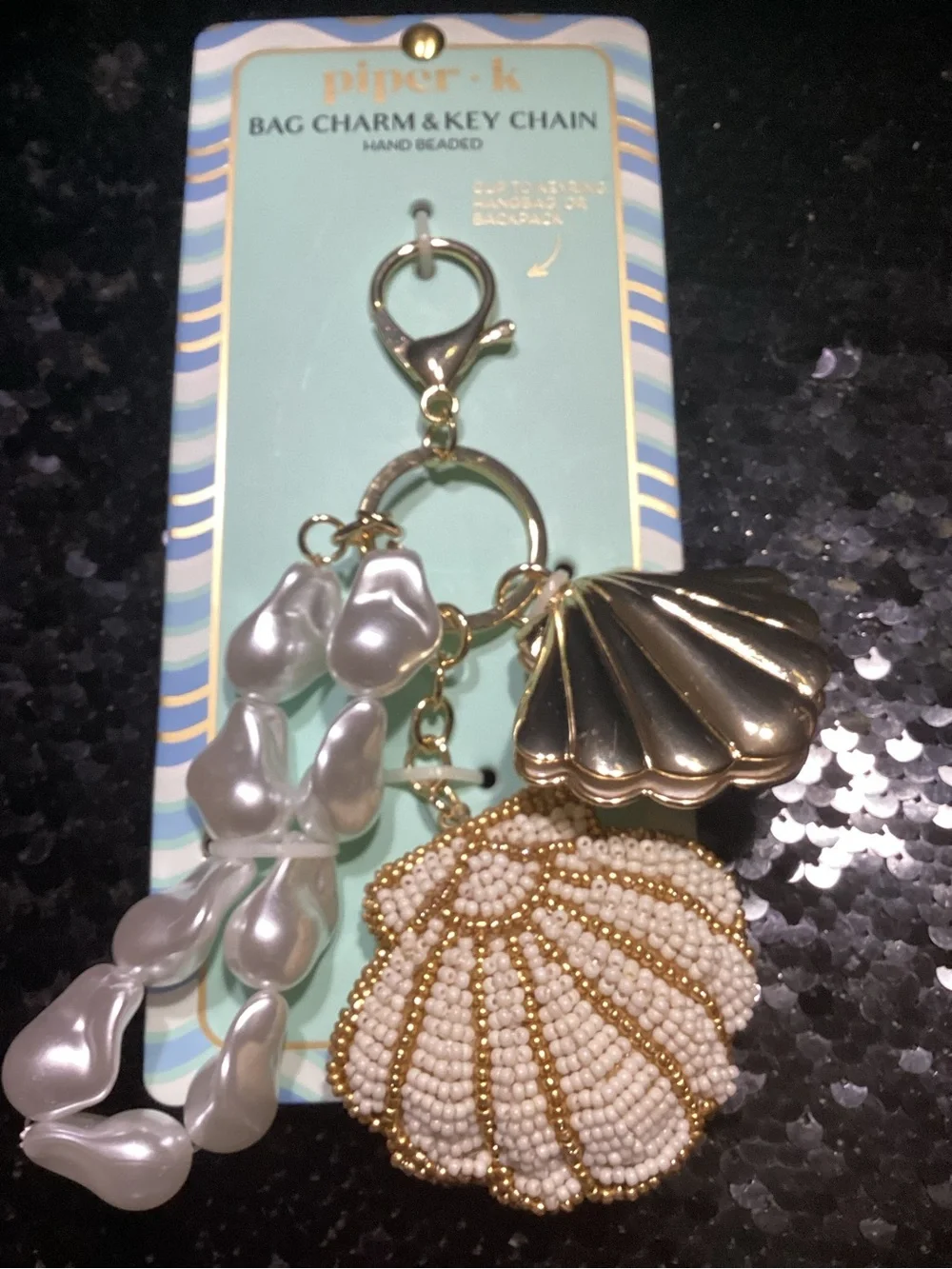 piper•k Gold & Pearl Seashell Bag Charm Key Chain